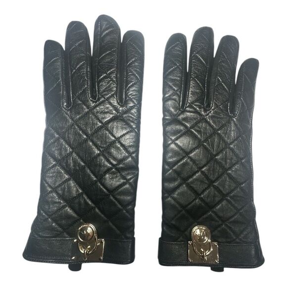 Michael Kors Quilted Leather Hamilton Gold Lock Black 100% Leather Gloves Large - Picture 1 of 7